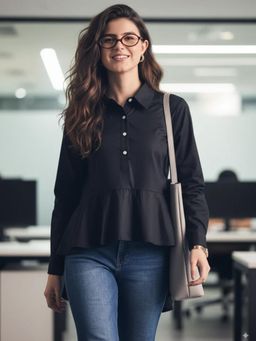Uptownie - Black Cotton Peplum Shirt