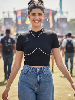 Uptownie - Black Stretchable Contrast Piping Rib-Knit Crop Top