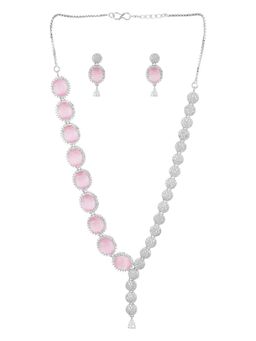 Voylla - American Diamond CZ Silver Plated Pearl Necklace Round Cut Pink Stone (Set of 3)