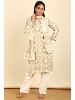 Soch - Beige Print Unstitched Top with Bottom & Dupatta with Mirror & Cutdana (Set of 3)