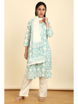 Soch - Turquoise Blue Print Unstitched Top with Bottom & Dupatta with Mirror & Cutdana (Set of 3)