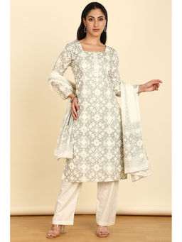 Soch - Grey Cotton Print Unstitched Top with Bottom & Dupatta with Mirror & Cutdana (Set of 3)