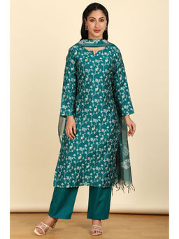 Soch - Teal Chanderi Woven Design Unstitched Top with Bottom & Dupatta (Set of 3)