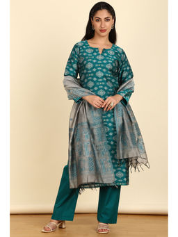 Soch - Teal Chanderi Woven Design Unstitched Top with Bottom & Dupatta (Set of 3)