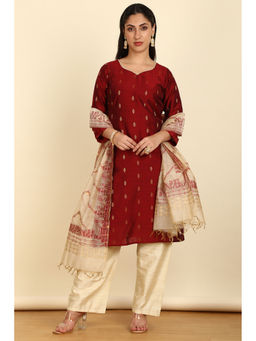 Soch - Maroon Chanderi Zari Woven Unstitched Top with Bottom & Dupatta (Set of 3)