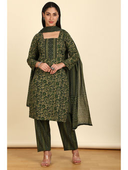 Soch - Olive Cotton Floral Print Unstitched Top with Bottom & Dupatta with Zari (Set of 3)