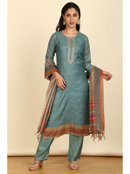 Soch - Turquoise Blue Floral Print Unstitched Top with Bottom & Dupatta with Cutdana (Set of 3)