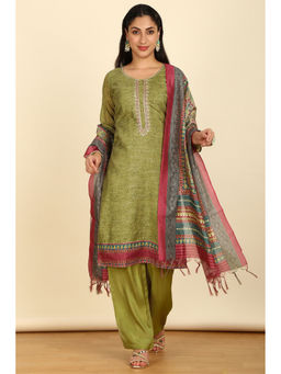Soch - Olive Floral Print Unstitched Top with Bottom & Dupatta with Cutdana (Set of 3)