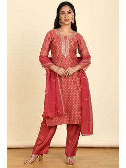 Soch - Rust Zari Woven Unstitched Top with Bottom & Dupatta with Sequins Work (Set of 3)
