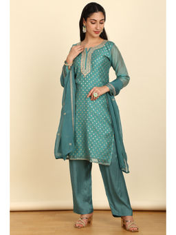 Soch - Turquoise Blue Zari Woven Unstitched Top with Bottom & Dupatta with Sequins Work (Set of 3)