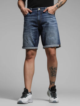 Jack & Jones - Blue Mid Rise Distressed Denim Shorts