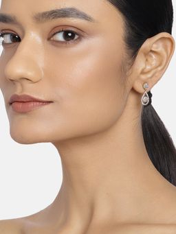 Estele - Gold And Rhodium Cz Plated Floral Motif Drop Earrings For Women