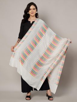 MUFFLY - Pastel Ikat-Inspired White Woven Fine Wool Stole for Women