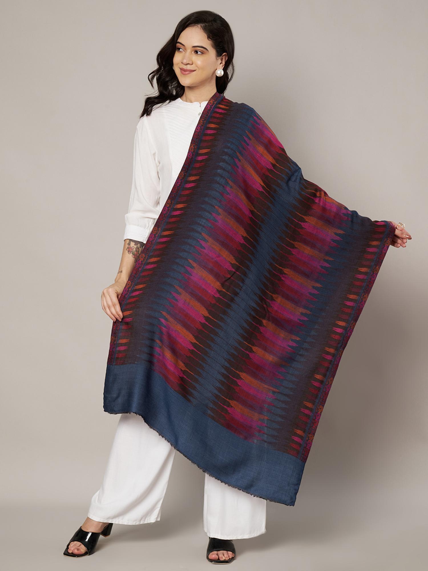 muffly Pastel Ikat-Inspired Blue Woven Fine Wool Stole for Women-picture-10