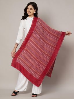 MUFFLY - Multicolour Striped Fine Wool Stole with Deep Red Border for Women