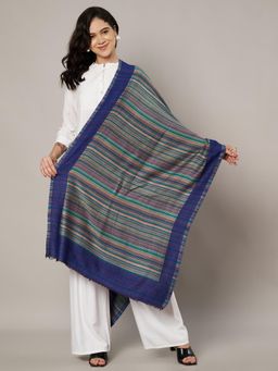 MUFFLY - Multicolour Striped Fine Wool Stole with Blue Border for Women