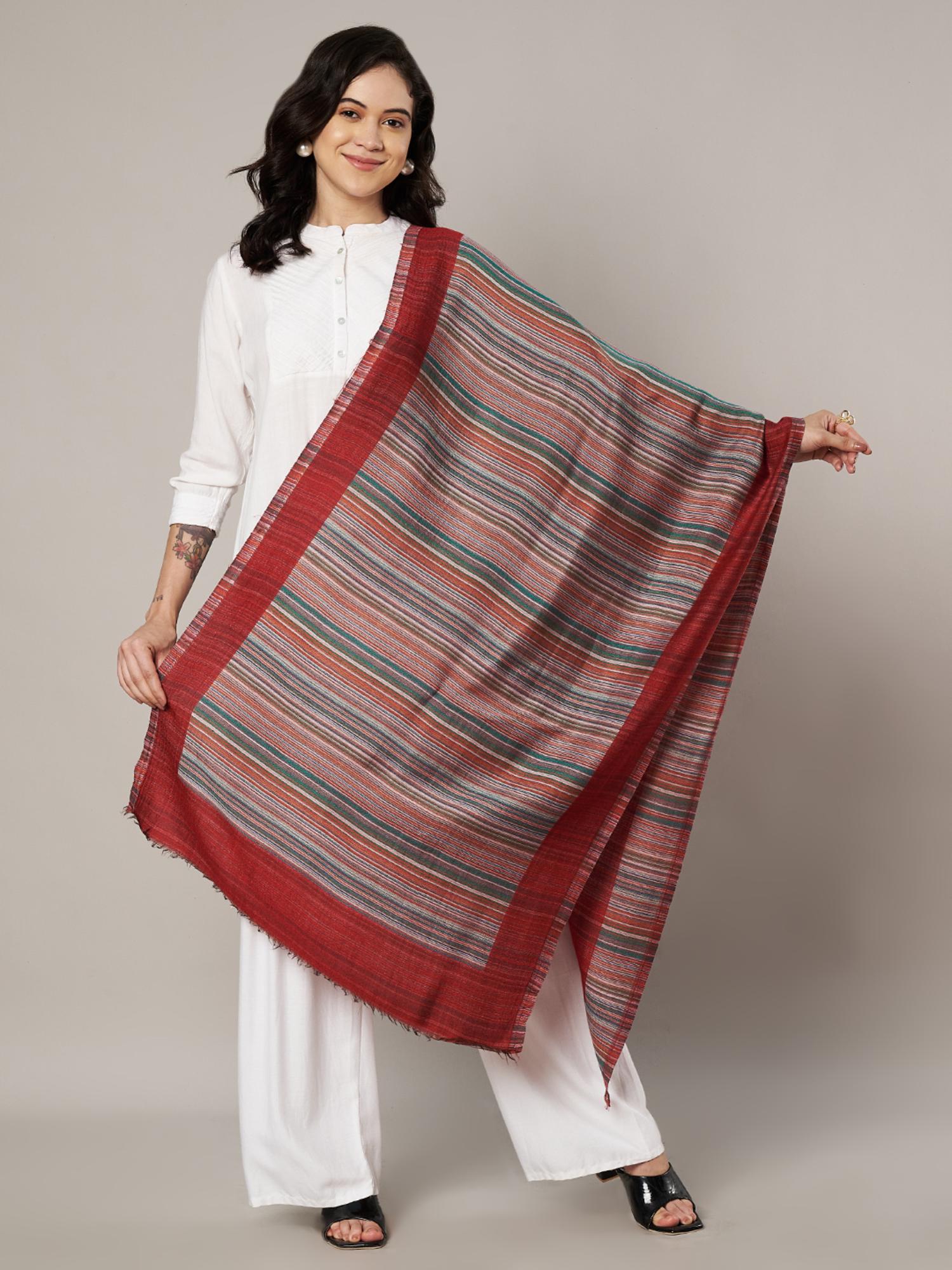 muffly Multicolour Striped Fine Wool Stole with Maroon Border for Women-picture-24