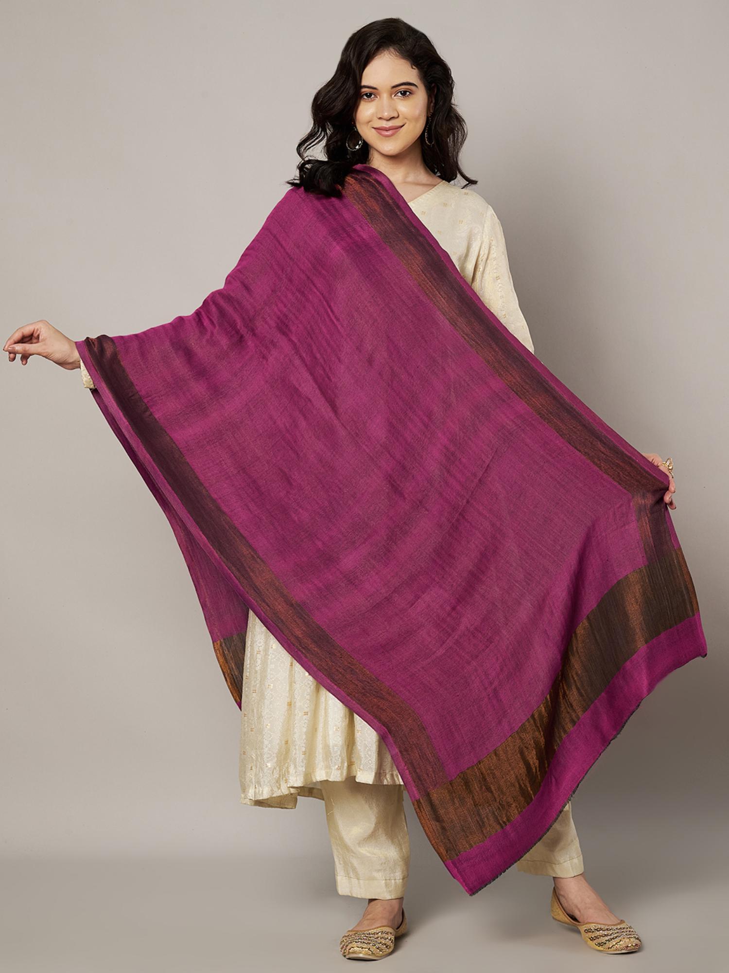 Zari Twilight Pink Solid Wool Stole with Golden Border for Women-image-6
