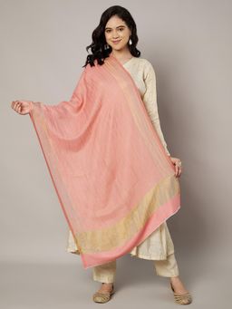 MUFFLY - Zari Twilight Pink Solid Wool Stole with Golden Border for Women