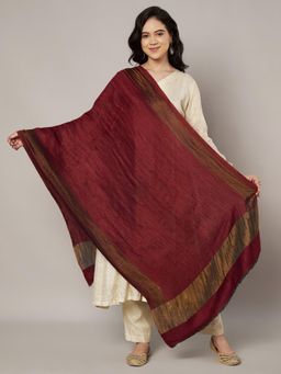 MUFFLY - Zari Twilight Maroon Solid Wool Stole with Golden Border for Women