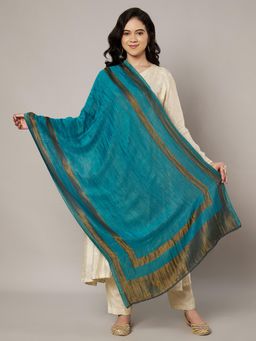 MUFFLY - Teal Zari Twilight Reversible Wool Stole with Antique Gold Border for Women