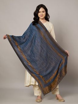 MUFFLY - Teal Zari Twilight Reversible Wool Stole with Antique Gold Border for Women