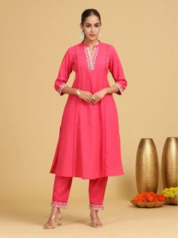 Cotton Culture - Pink Embroidered A-Line Cotton Kurta With Pant