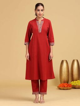 Cotton Culture - Red Embroidered Kurta With Pant