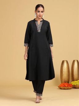 Cotton Culture - Black Embroidered Kurta With Pant
