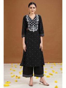 Cotton Culture - Black Embroidered Cotton Kurta With Palazzo