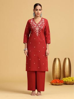 Cotton Culture - Rust Embroidered Kurta With Pant
