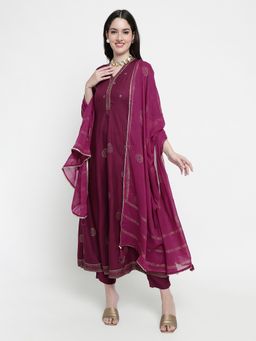 Aayusika - Women Purple Rayon Embroidered Anarkali Kurta with Pant and Dupatta