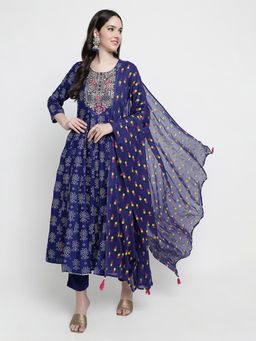 Aayusika - Women Blue Rayon Embroidered Anarkali Kurta with Pant and Dupatta