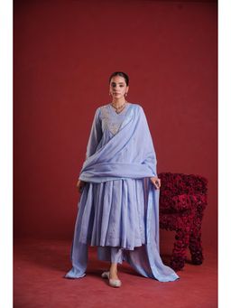 ONEWE INDIA - Light Blue Chanderi Gathered Kurta with Pant and Dupatta