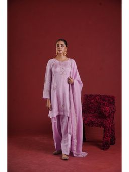 ONEWE INDIA - Lavender Silk Embroidered Kurta with Farsi Salwar and Dupatta