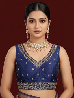 Niraha - Navy Blue Silk Blend Embroidered Saree Stitched Blouse