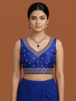 Niraha - Women Silk Blend Blue Embroidered Saree Stitched Blouse