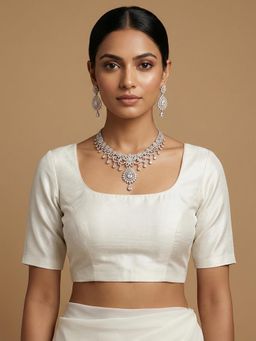 Niraha - Cream Silk Blend Solid Scoop Neck Saree Stitched Blouse