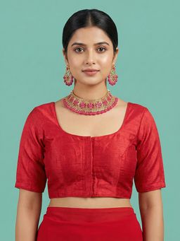 Niraha - Red Silk Blend Solid Round Neck Saree Stitched Blouse