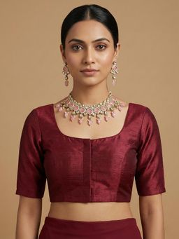 Niraha - Maroon Silk Blend Solid Round Neck Saree Stitched Blouse