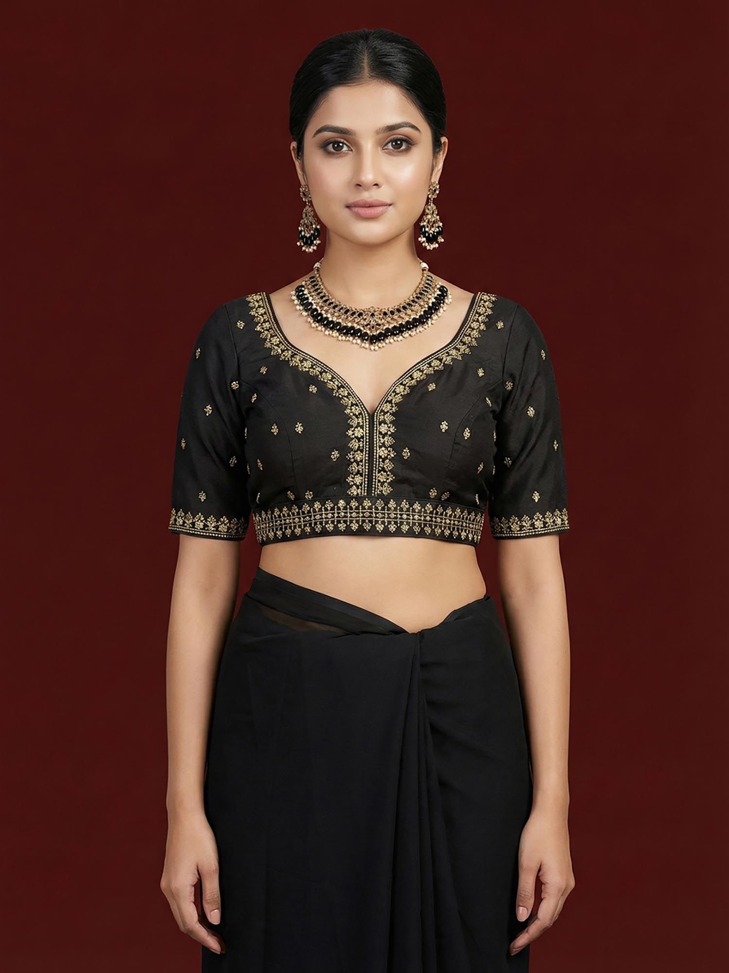 niraha Women Black Silk Blend Embroidered Saree Stitched Blouse-picture-43