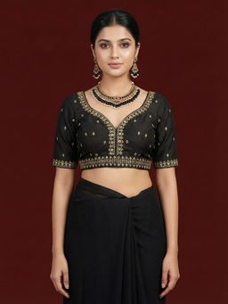 Niraha - Women Black Silk Blend Embroidered Saree Stitched Blouse