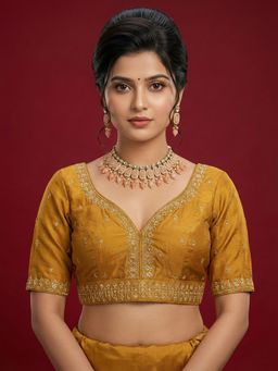 Niraha - Mustard Silk Blend Embroidered Saree Stitched Blouse