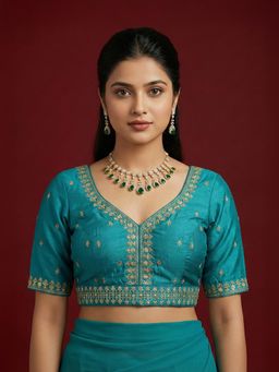 Niraha - Blue Women Silk Blend Embroidered Saree Stitched Blouse