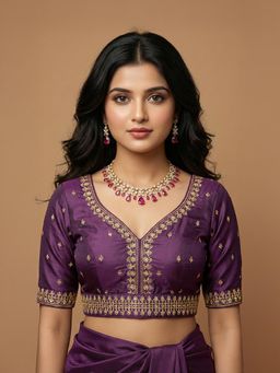 Niraha - Purple Silk Blend Embroidered Saree Stitched Blouse