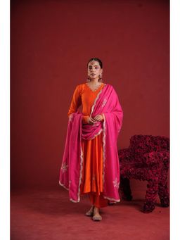 ONEWE INDIA - Orange Chanderi Pink Anarkali Kurta with Pant and Dupatta