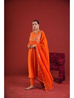 ONEWE INDIA - Orange Chanderi Sequence Work Kurta with Pant and Dupatta