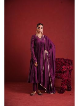 ONEWE INDIA - Purple Chanderi Sequence Work Gathered Kurta with Pant and Dupatta