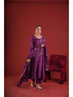 ONEWE INDIA - Purple Embroidered Silk Anarkali Kurta with Pant and Dupatta