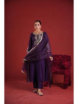 ONEWE INDIA - Purple Embroidered Chanderi Kurta with Pant and Dupatta